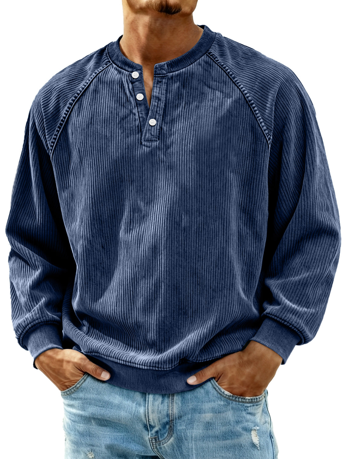 Men's Retro Corduroy Raglan Casual Long-Sleeve Henley Shirt