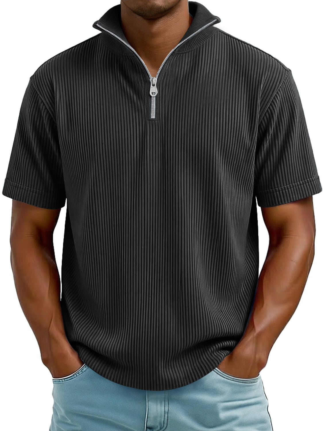 Men's Everyday Ribbed Stand-collar Zip-up Casual Short-sleeved T-shirt