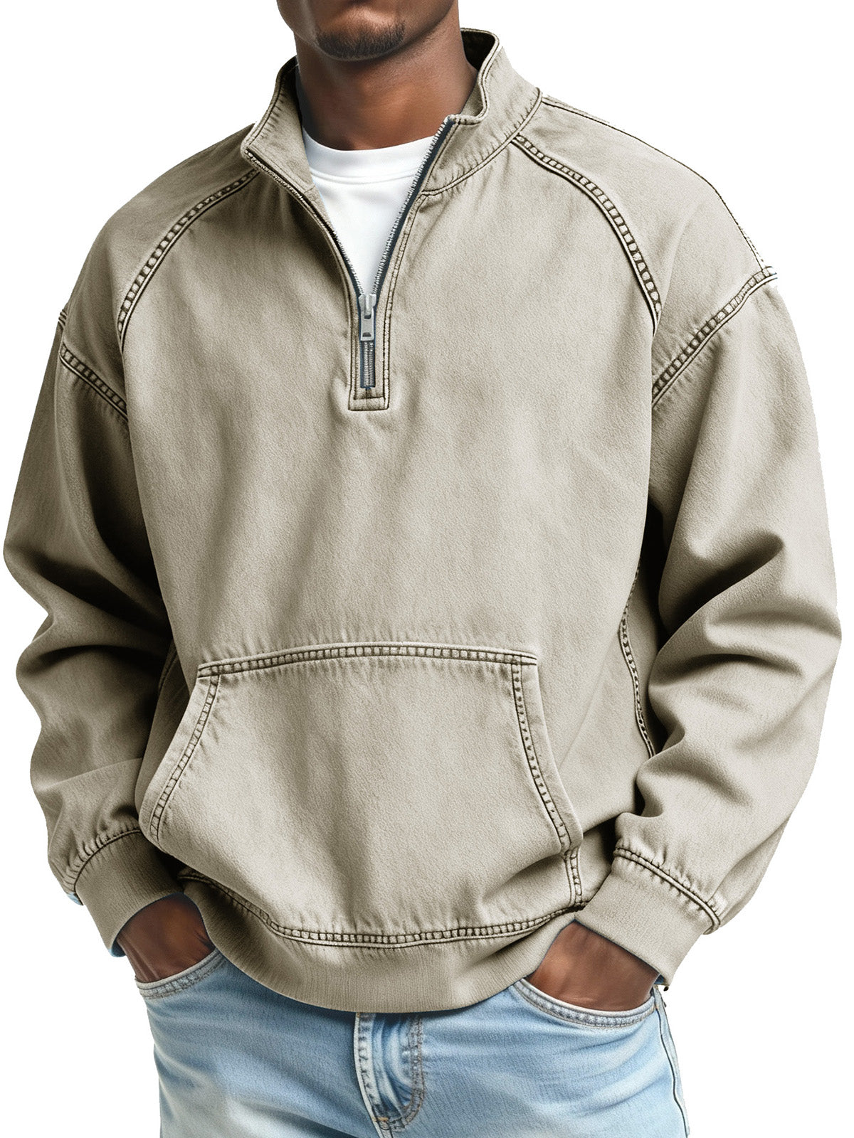 Men's Fashionable Retro Stand Collar Raglan Pocket Long Sleeve Top