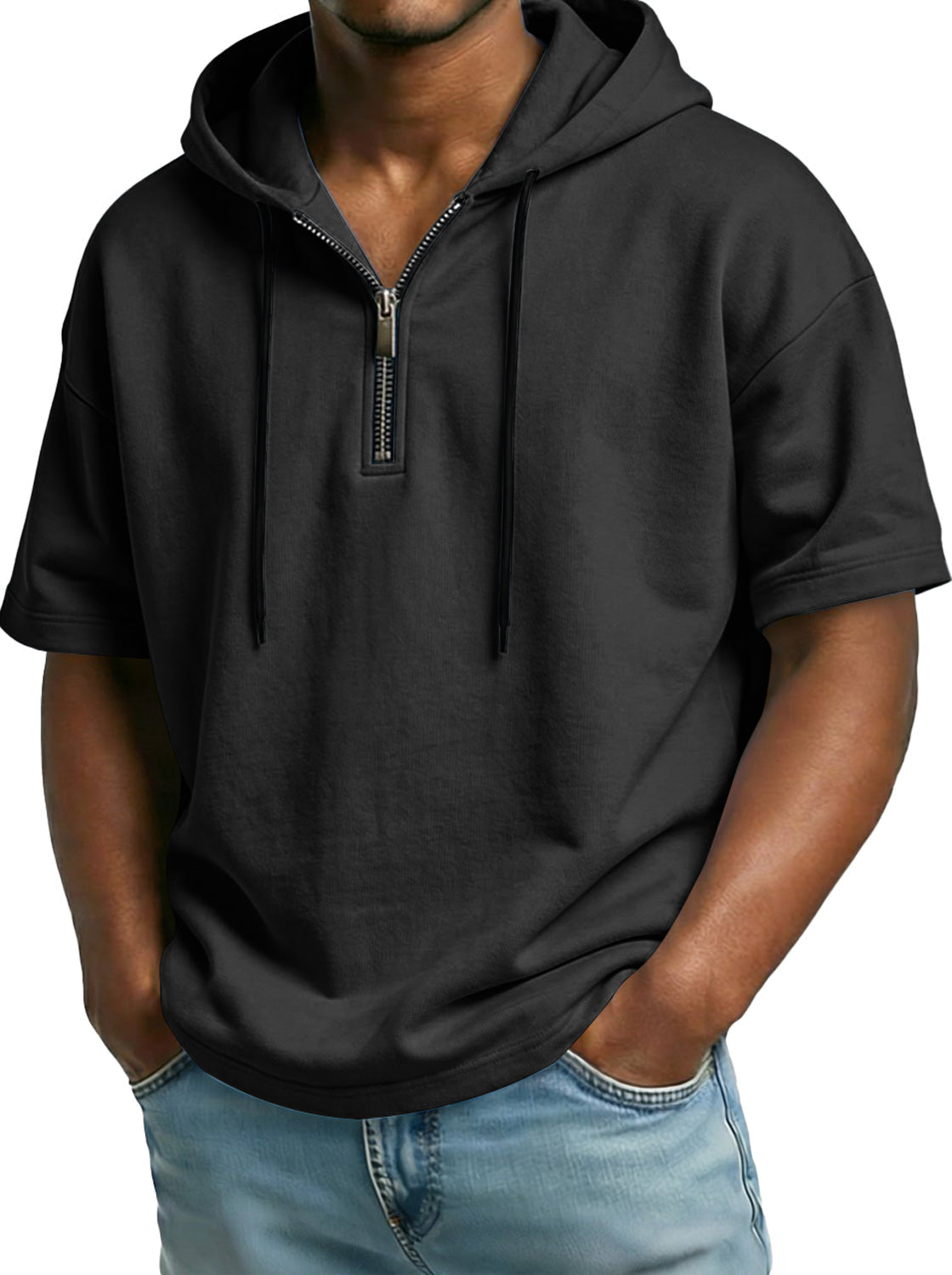 Men's Comfortable Hooded Zip-up Short-sleeved Casual Top