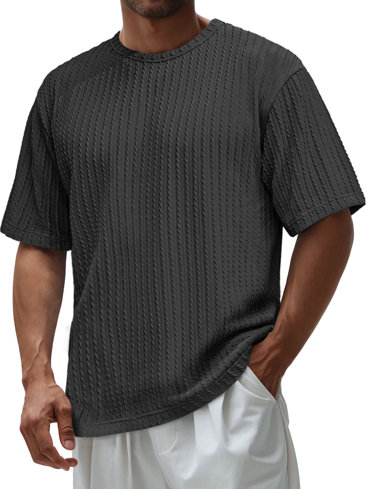 Men's Daily Round Neck Jacquard Texture Casual Solid Color Short-sleeved T-shirt