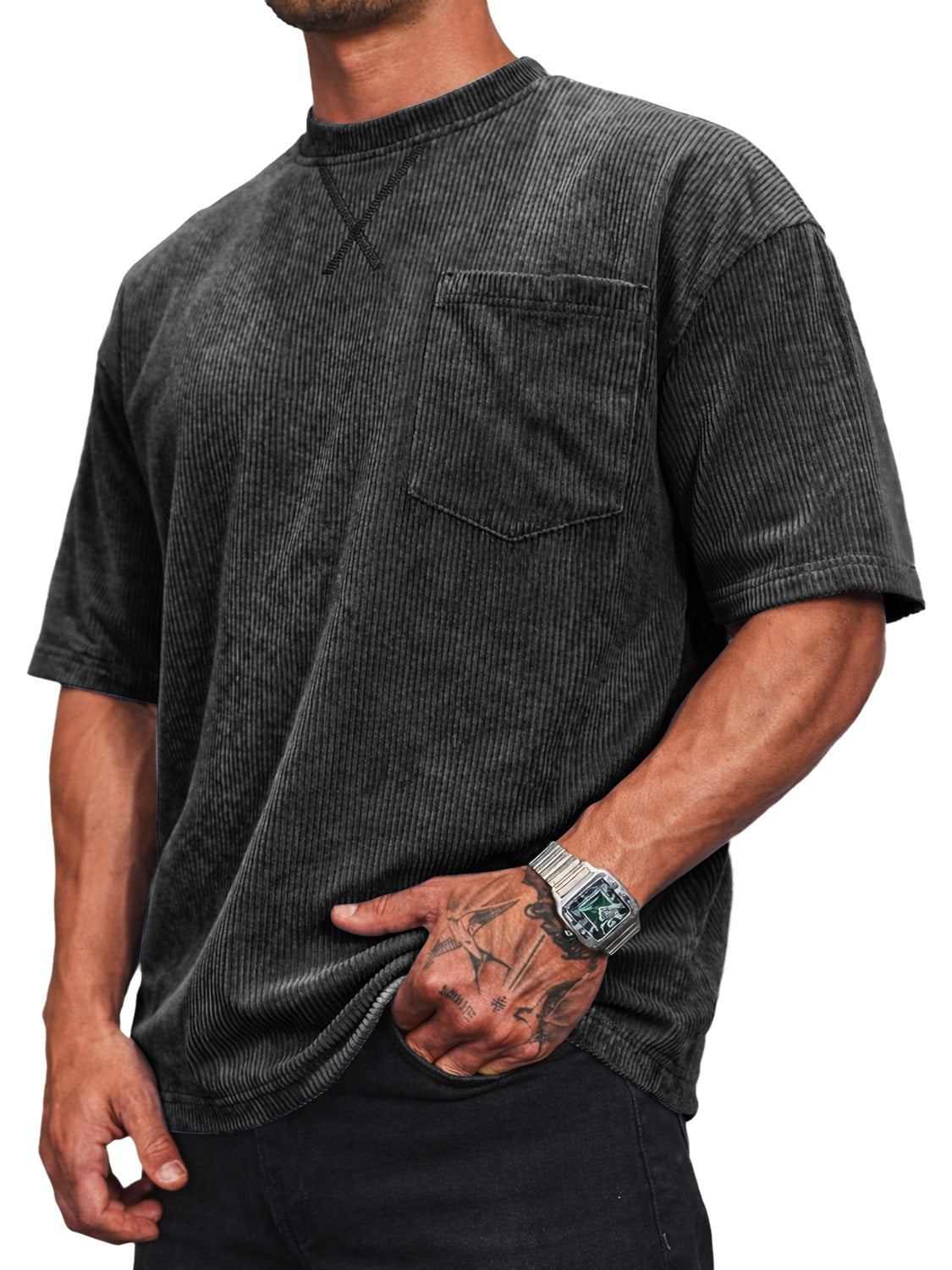 Men's Corduroy Crew Neck Short-sleeved T-shirt With A Crossover Design