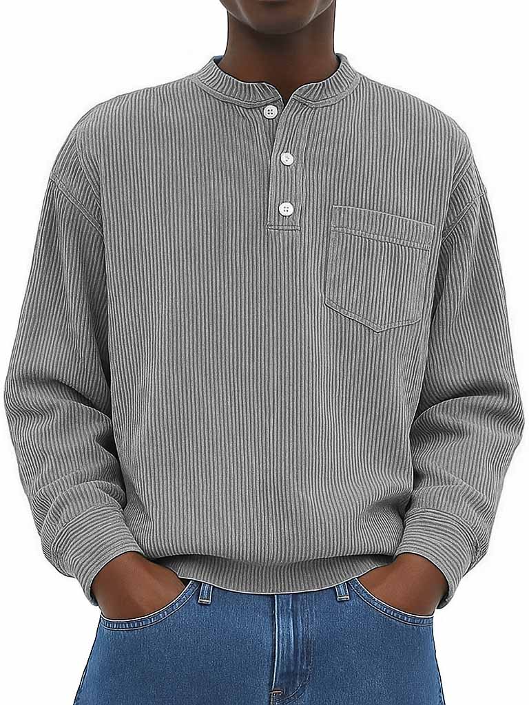 Men's Fashion Casual Ribbed Fabric Stand Collar Long Sleeve Henley Shirt