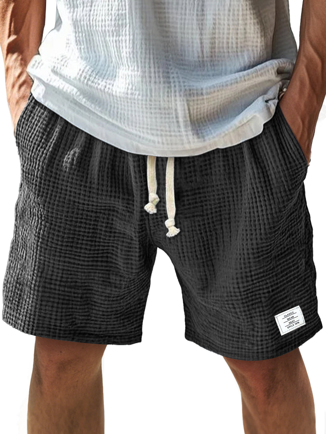 Men's Everyday Texture Embroidered Logo Elastic Waist Drawstring Comfort Shorts