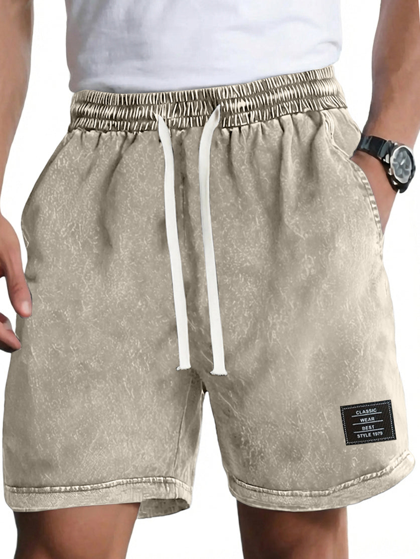 Men's Vintage Washed Distressed Cotton Embroidered Logo Multi-pocket Shorts