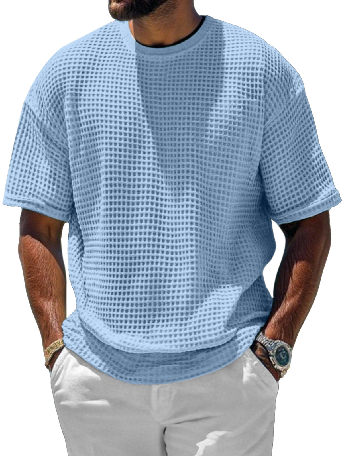 Men's Casual And Comfortable Short-sleeved Solid Color Waffle Round Neck T-shirt