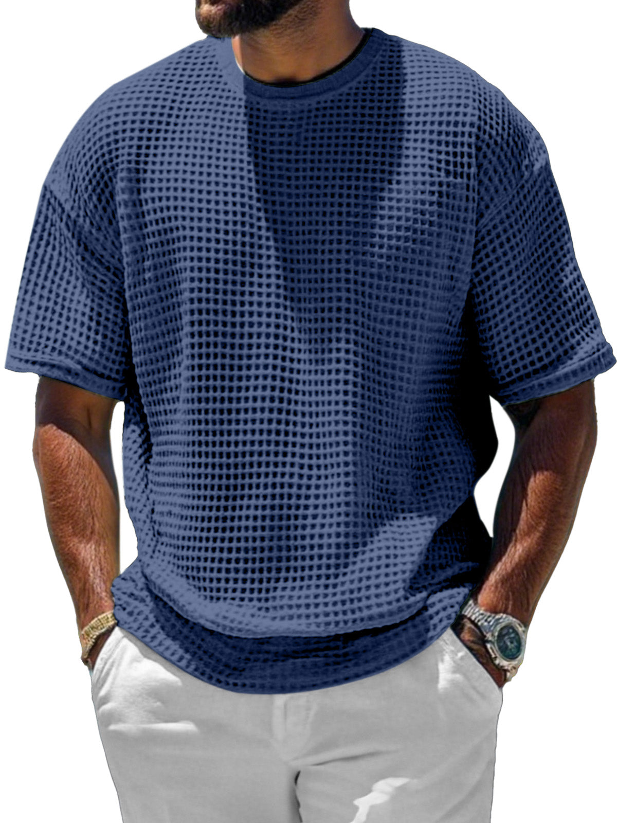 Men's Casual And Comfortable Short-sleeved Solid Color Waffle Round Neck T-shirt
