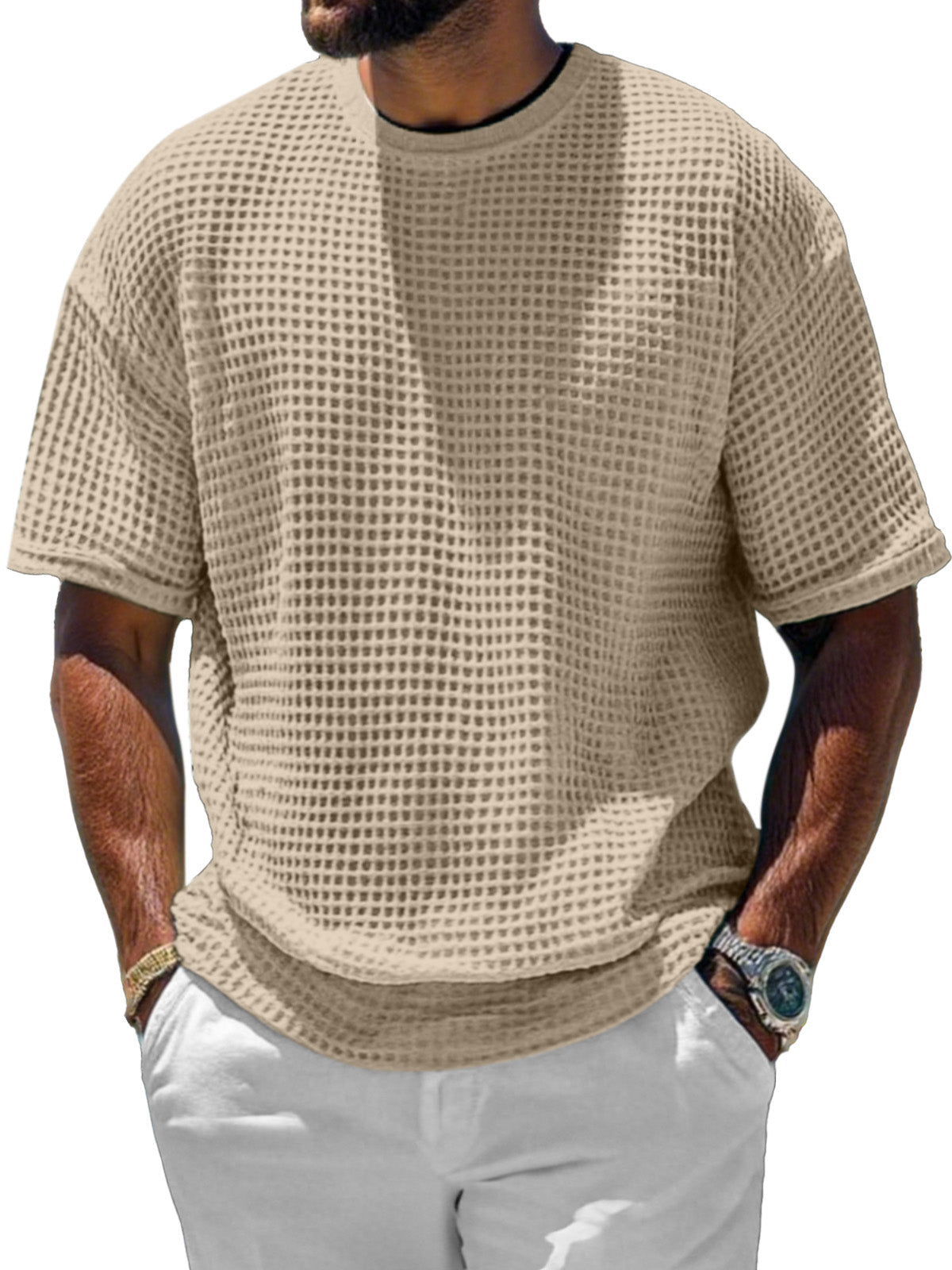Men's Casual And Comfortable Short-sleeved Solid Color Waffle Round Neck T-shirt