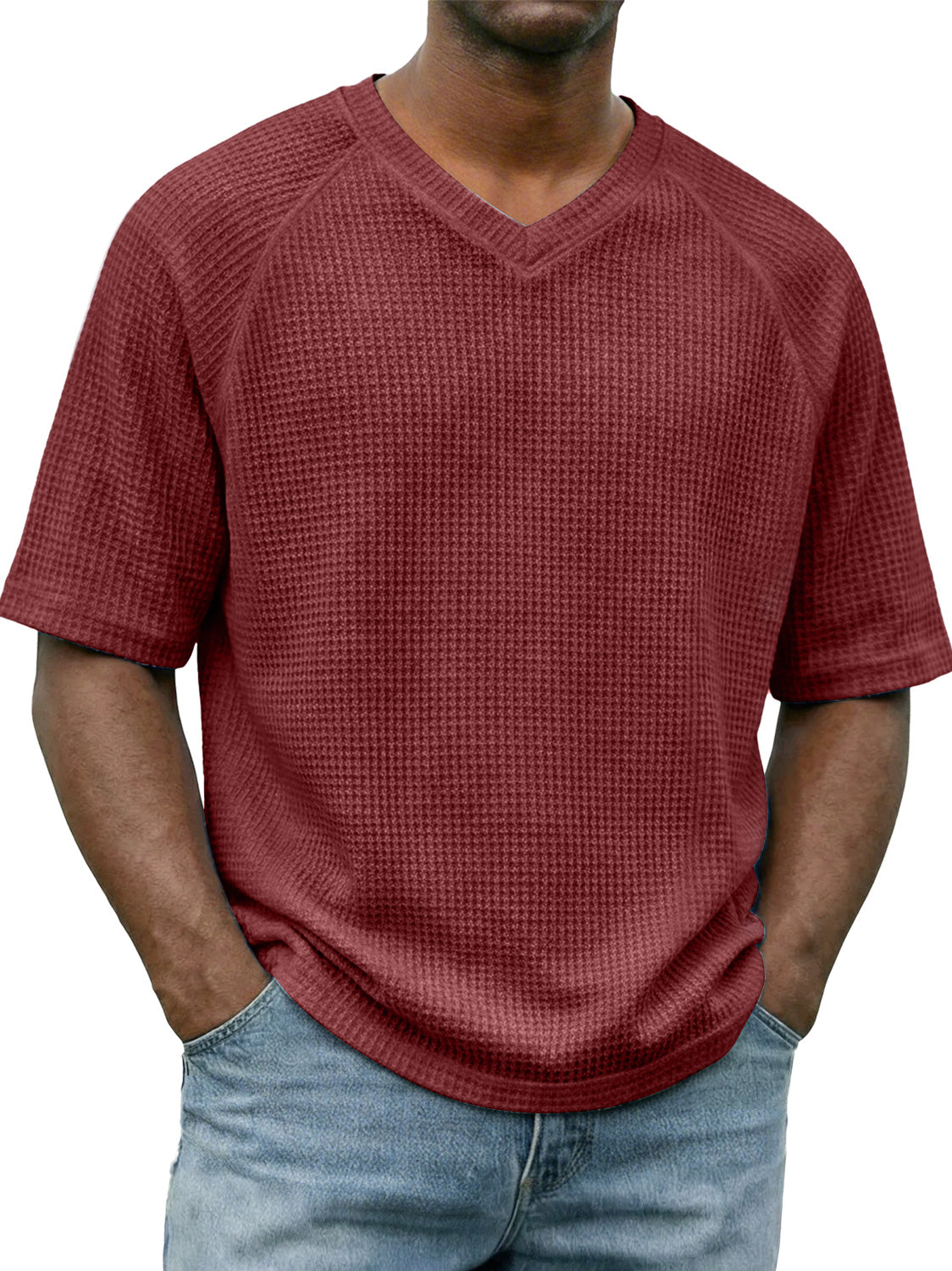 Men's Waffle-knit V-neck Raglan Sleeve Casual Solid Color Short-sleeved Shirt