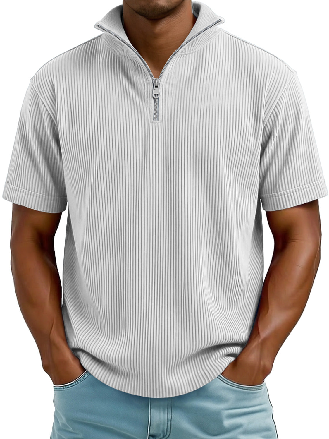 Men's Everyday Ribbed Stand-collar Zip-up Casual Short-sleeved T-shirt