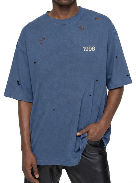 Men's 100% Vintage Distressed Ripped Punk Style Crew Neck Short-Sleeved T-shirt