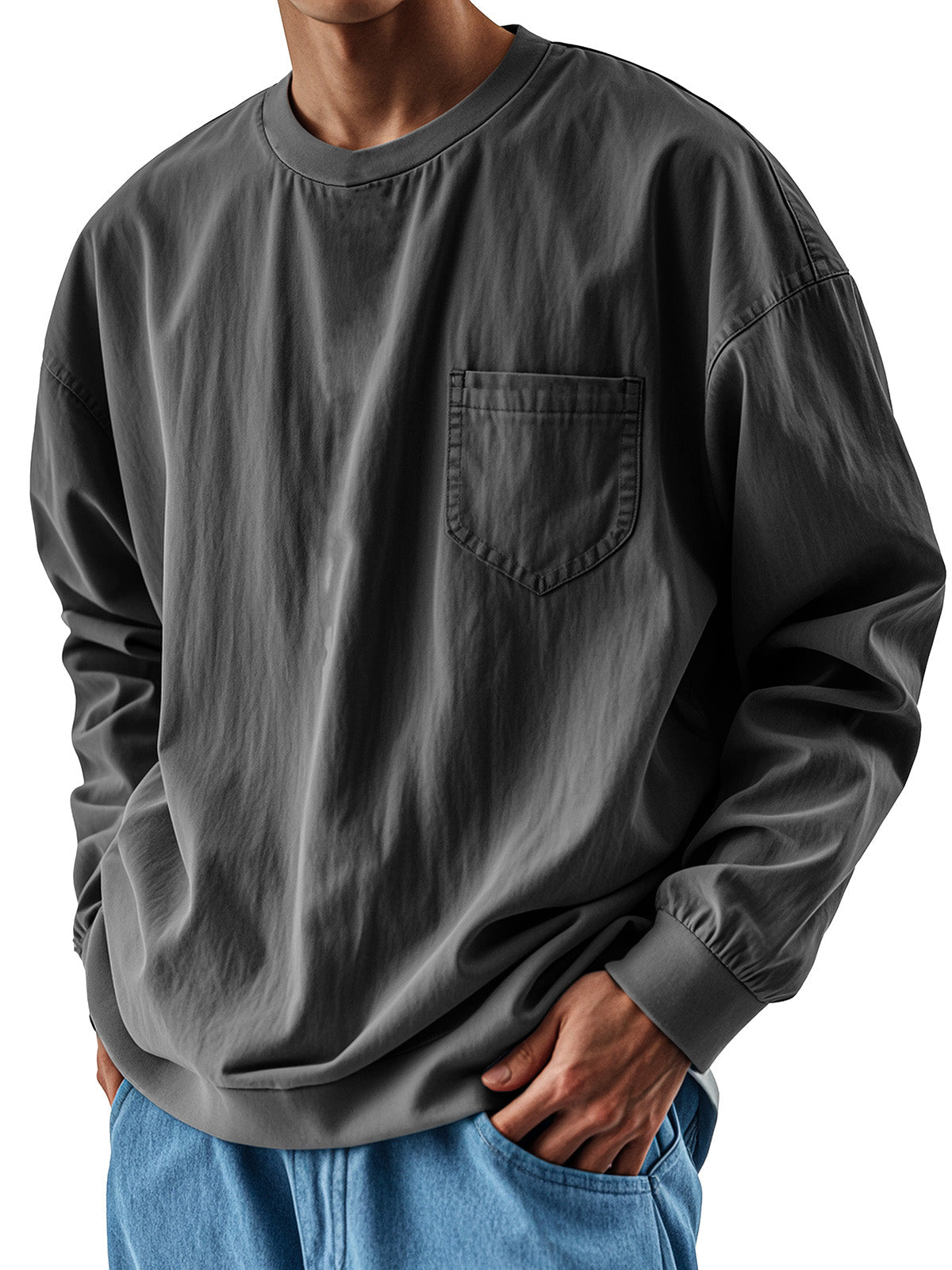 Men's Fashionable Round Neck Casual Pocket Long Sleeve Top