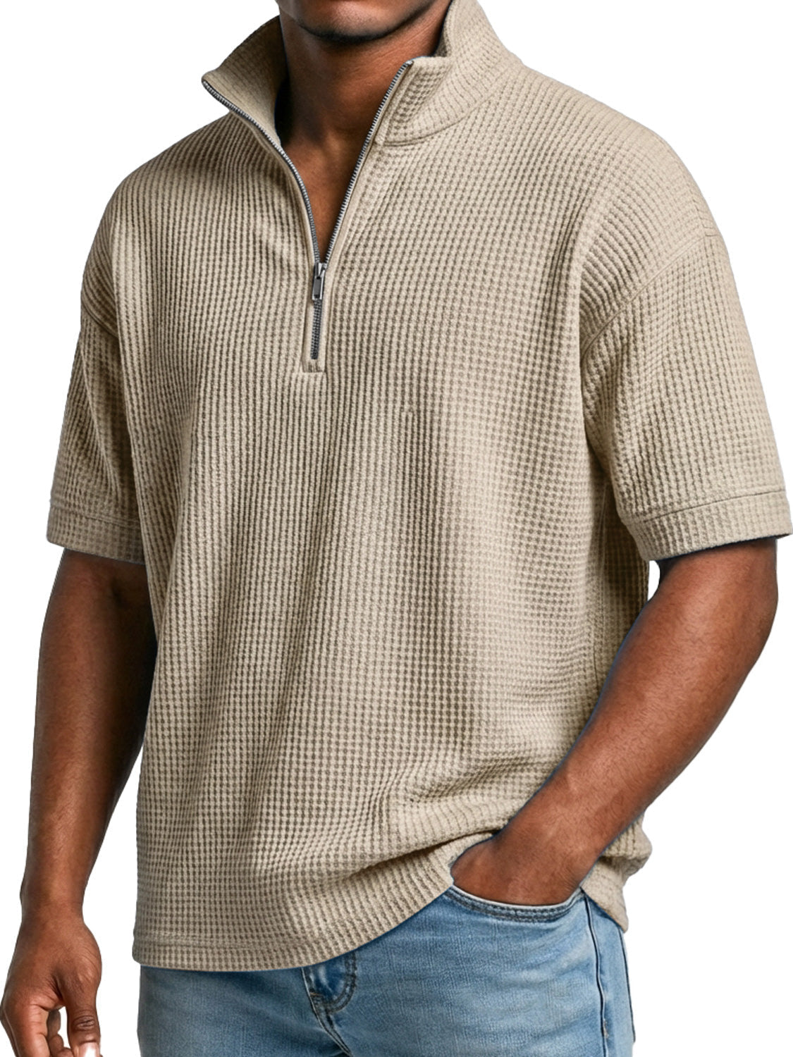 Men's Waffle-knit Simple Stand-collar Zip-up Casual Short-sleeved T-shir