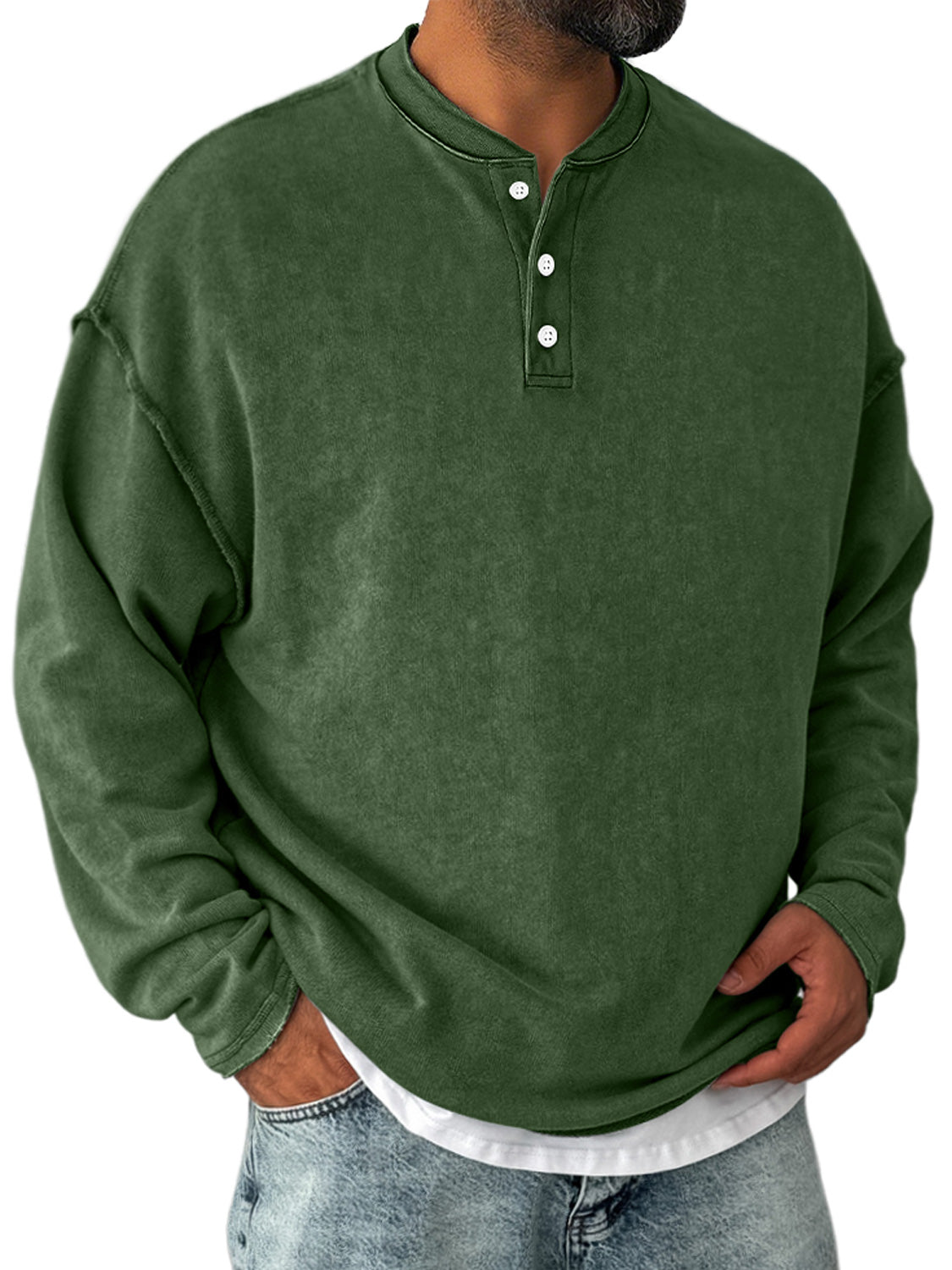 Men's Retro Casual Stand Collar Button-Down Long Sleeve Henley Shirt