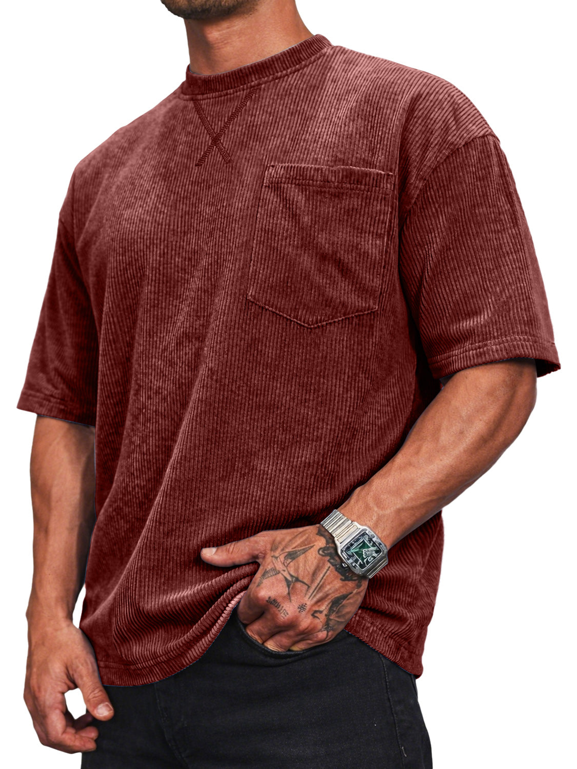 Men's Corduroy Crew Neck Short-sleeved T-shirt With A Crossover Design
