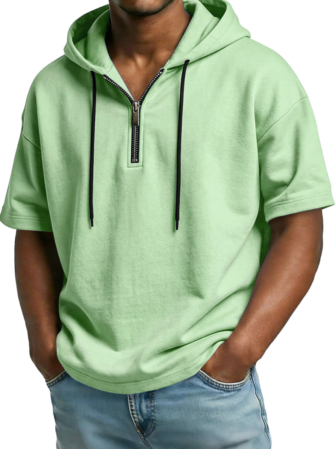 Men's Comfortable Hooded Zip-up Short-sleeved Casual Top