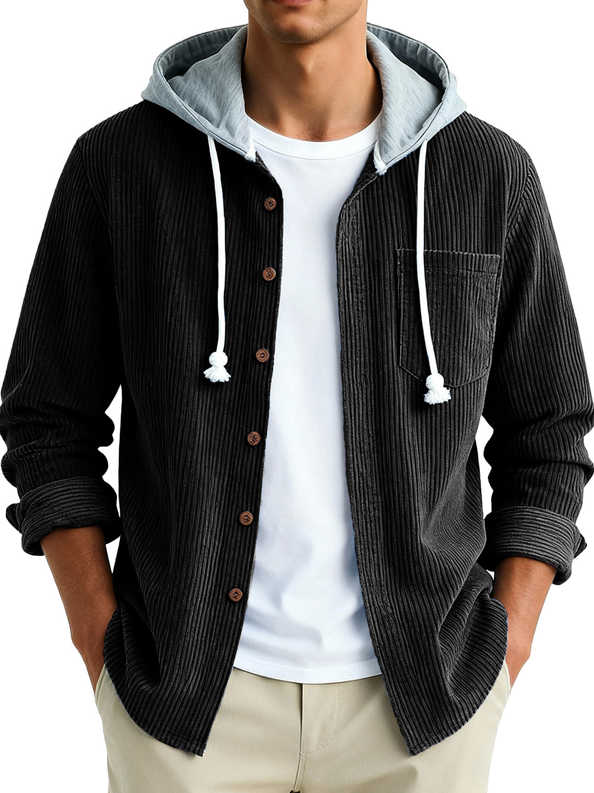  Men's Fashion Vintage Stitching Pit Strip Long Sleeve Pocket Hooded Shirt