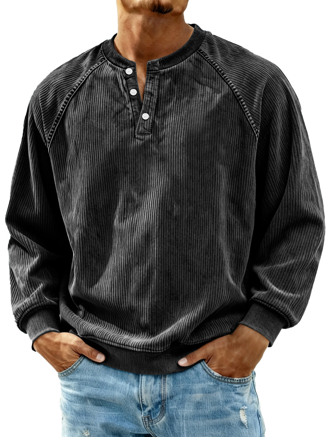Men's Retro Corduroy Raglan Casual Long-Sleeve Henley Shirt