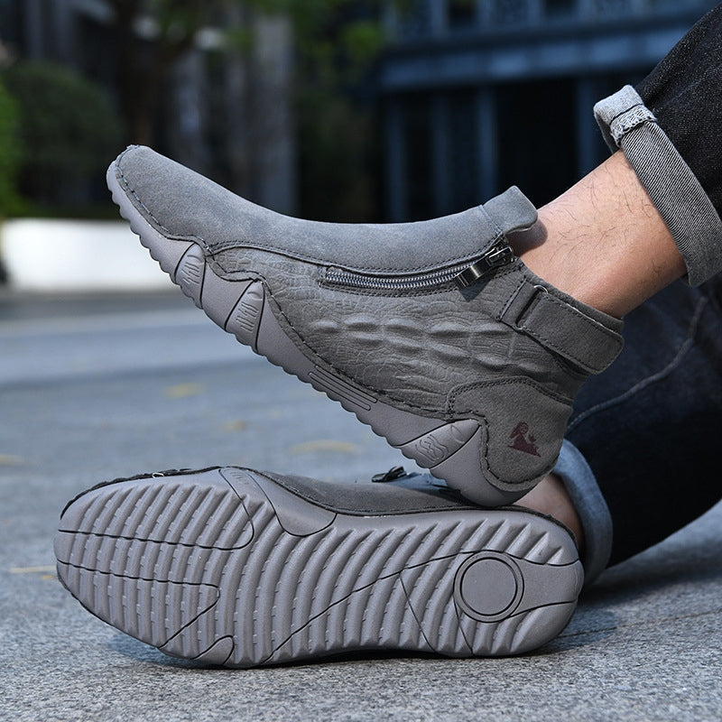 Men’s Genuine Leather Zipper Boots – Casual Slip-On High-Top Boots