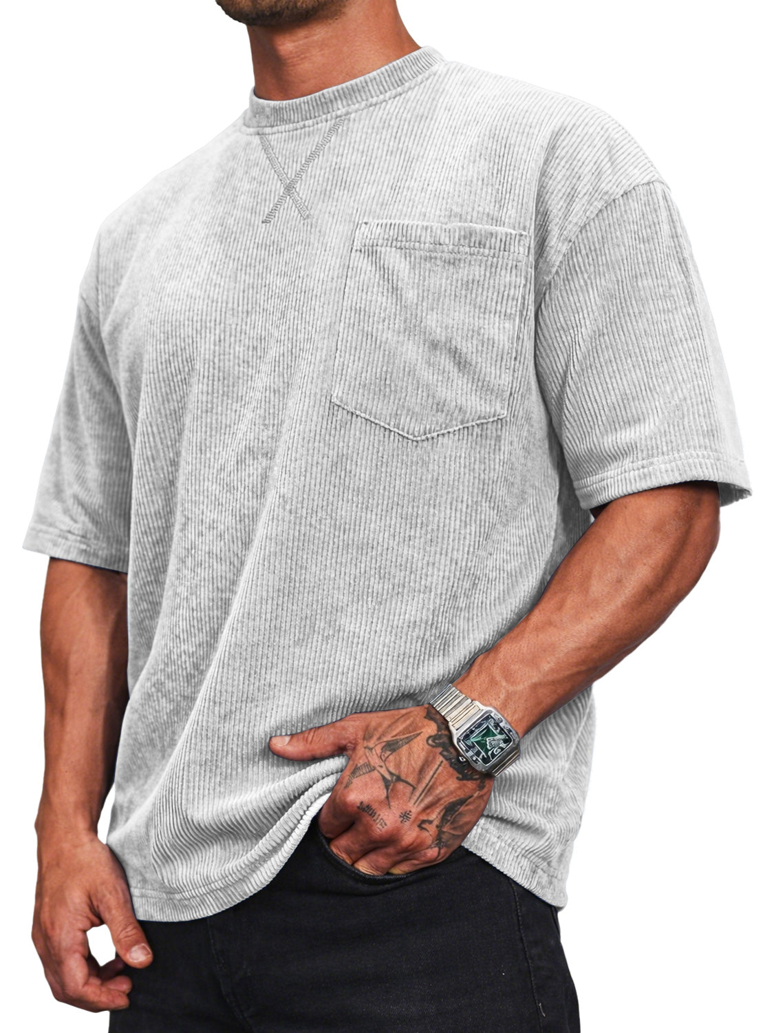 Men's Corduroy Crew Neck Short-sleeved T-shirt With A Crossover Design