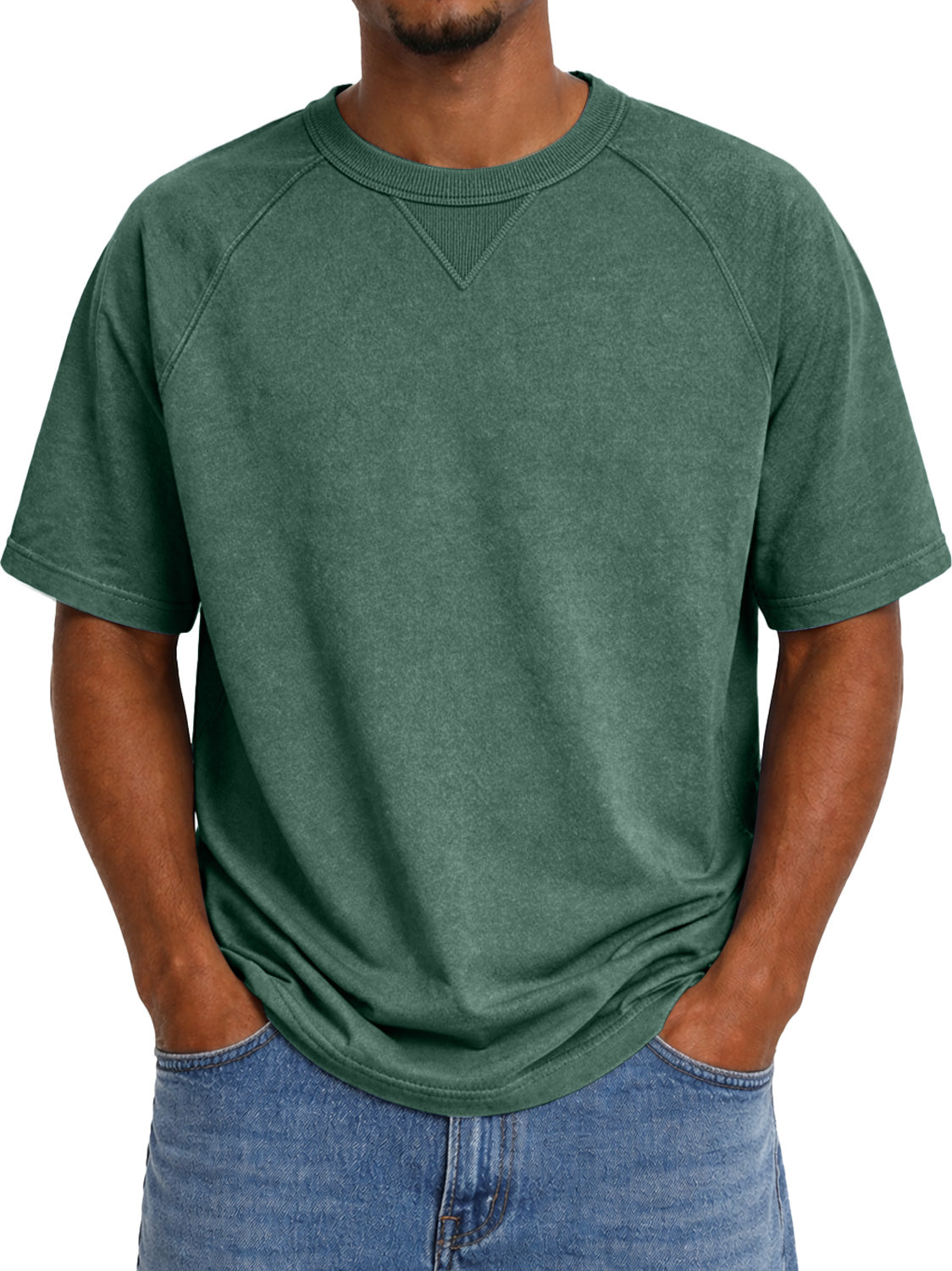Men's Crew Neck Raglan Short-sleeved T-shirt With Inverted Triangle Design