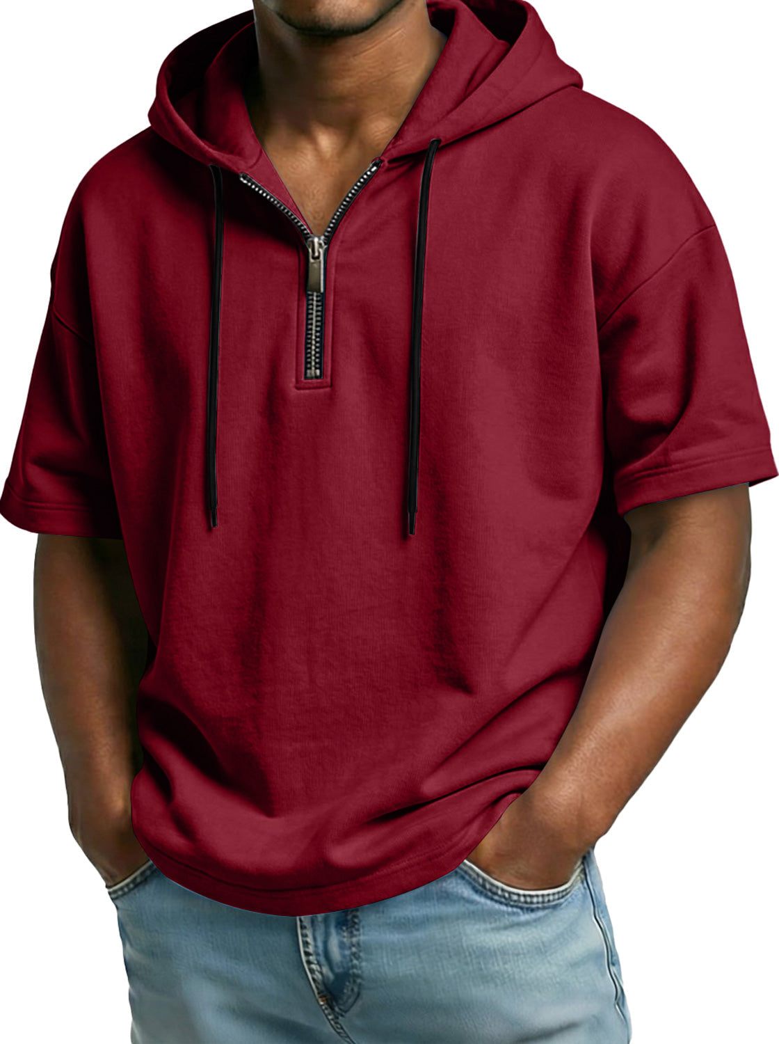 Men's Comfortable Hooded Zip-up Short-sleeved Casual Top