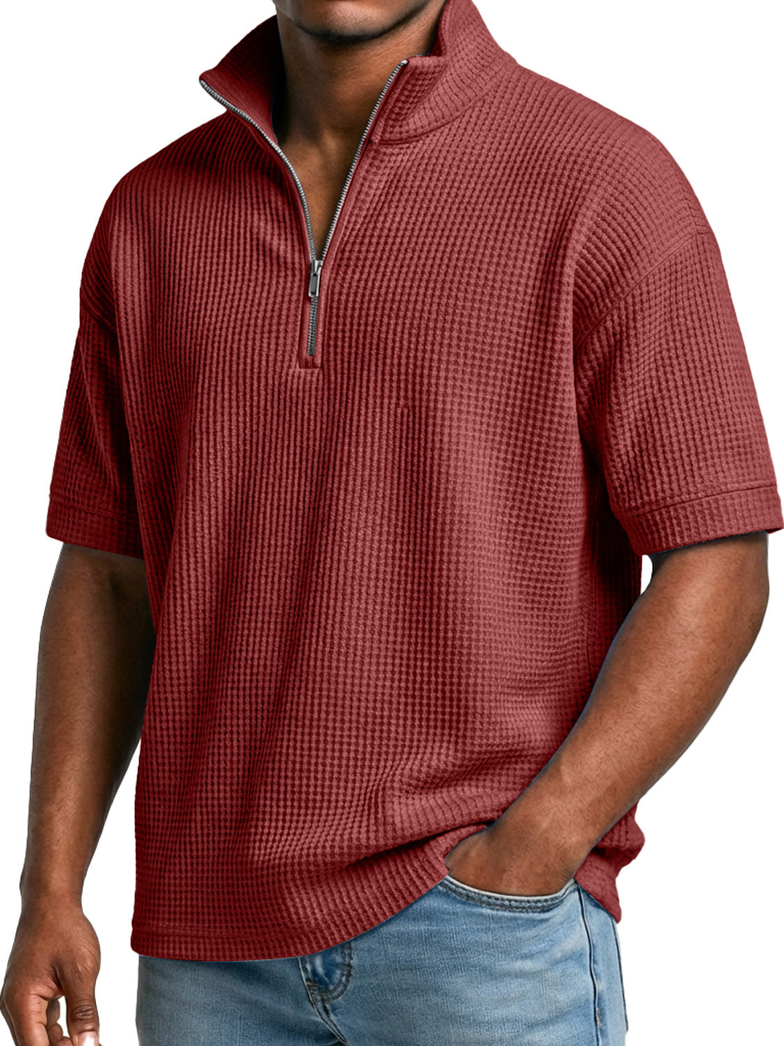 Men's Waffle-knit Simple Stand-collar Zip-up Casual Short-sleeved T-shir