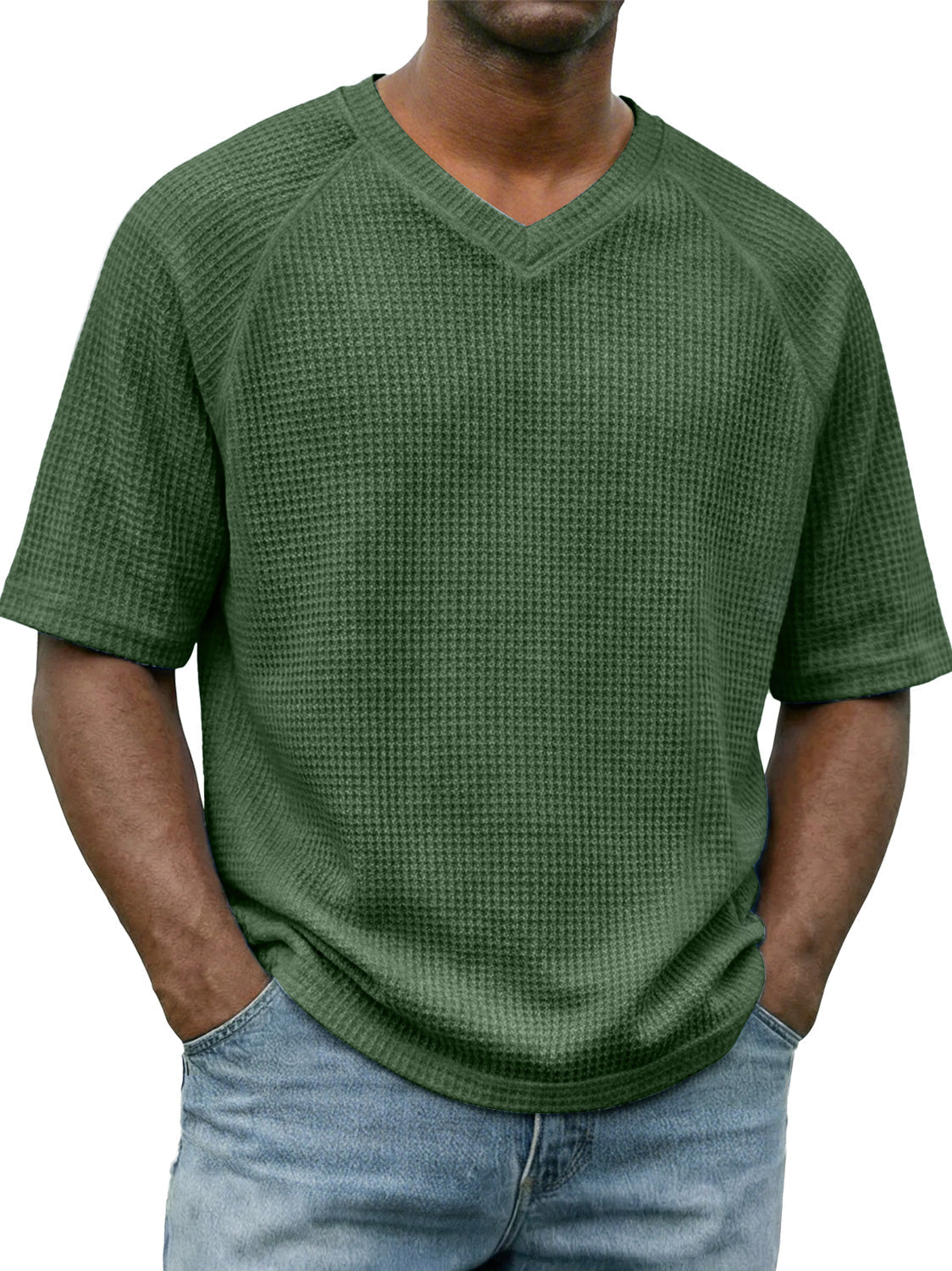 Men's Waffle-knit V-neck Raglan Sleeve Casual Solid Color Short-sleeved Shirt