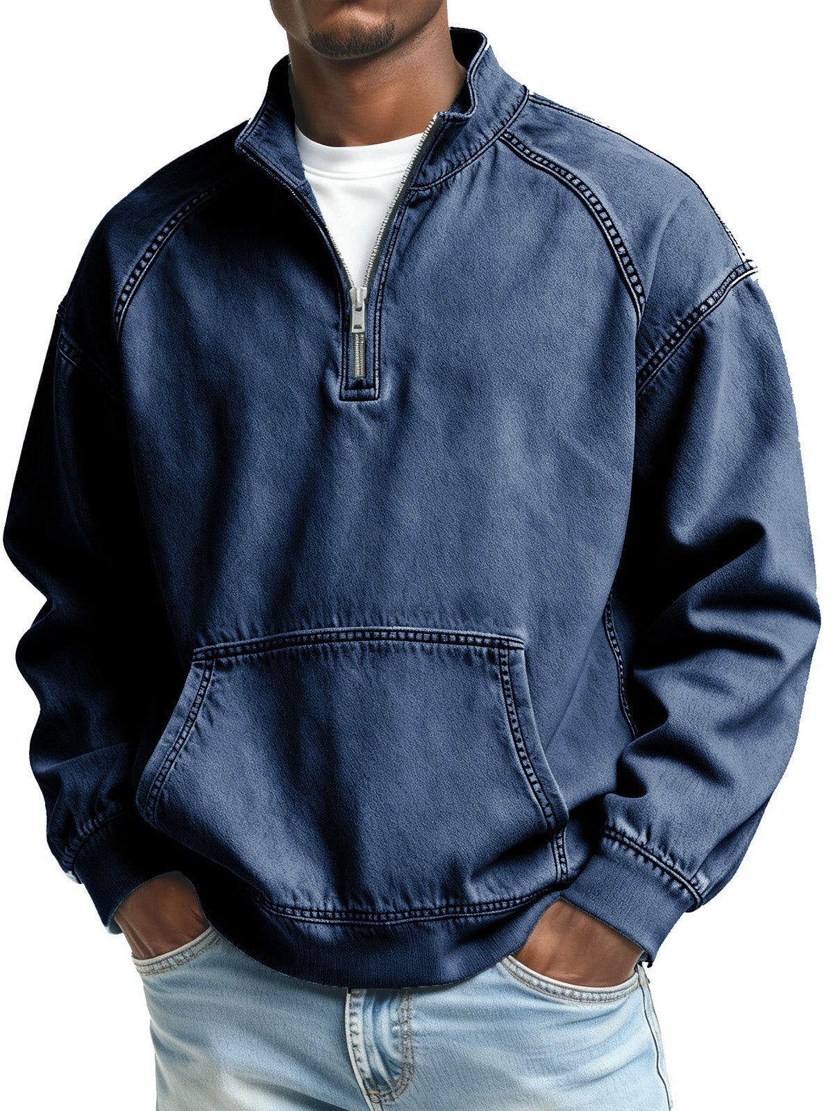 Men's Fashionable Retro Stand Collar Raglan Pocket Long Sleeve Top