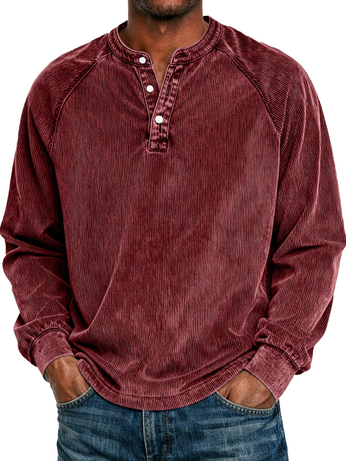 Men's Retro Raglan Corduroy Casual Long-Sleeve Henley Shirt