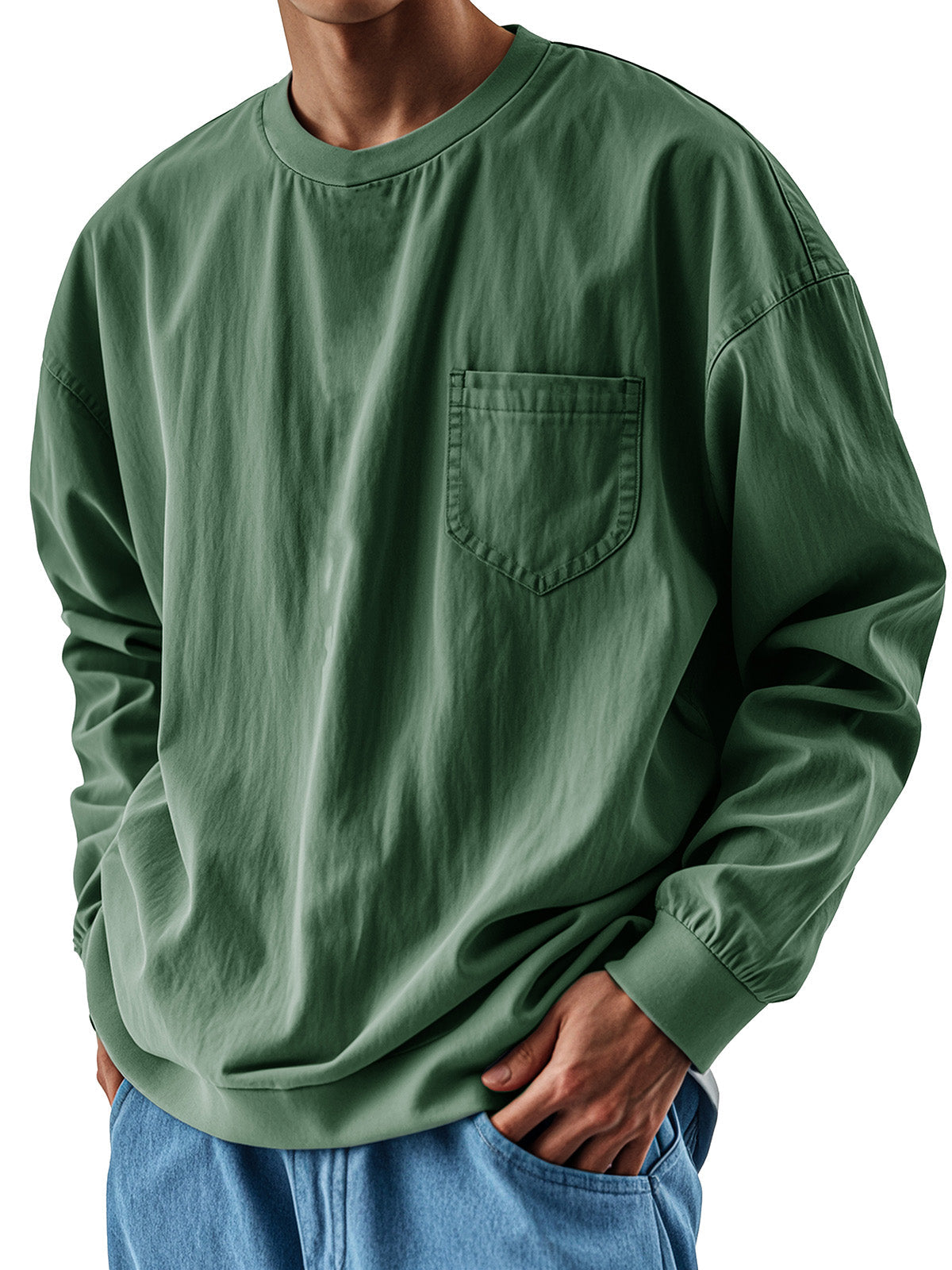 Men's Fashionable Round Neck Casual Pocket Long Sleeve Top
