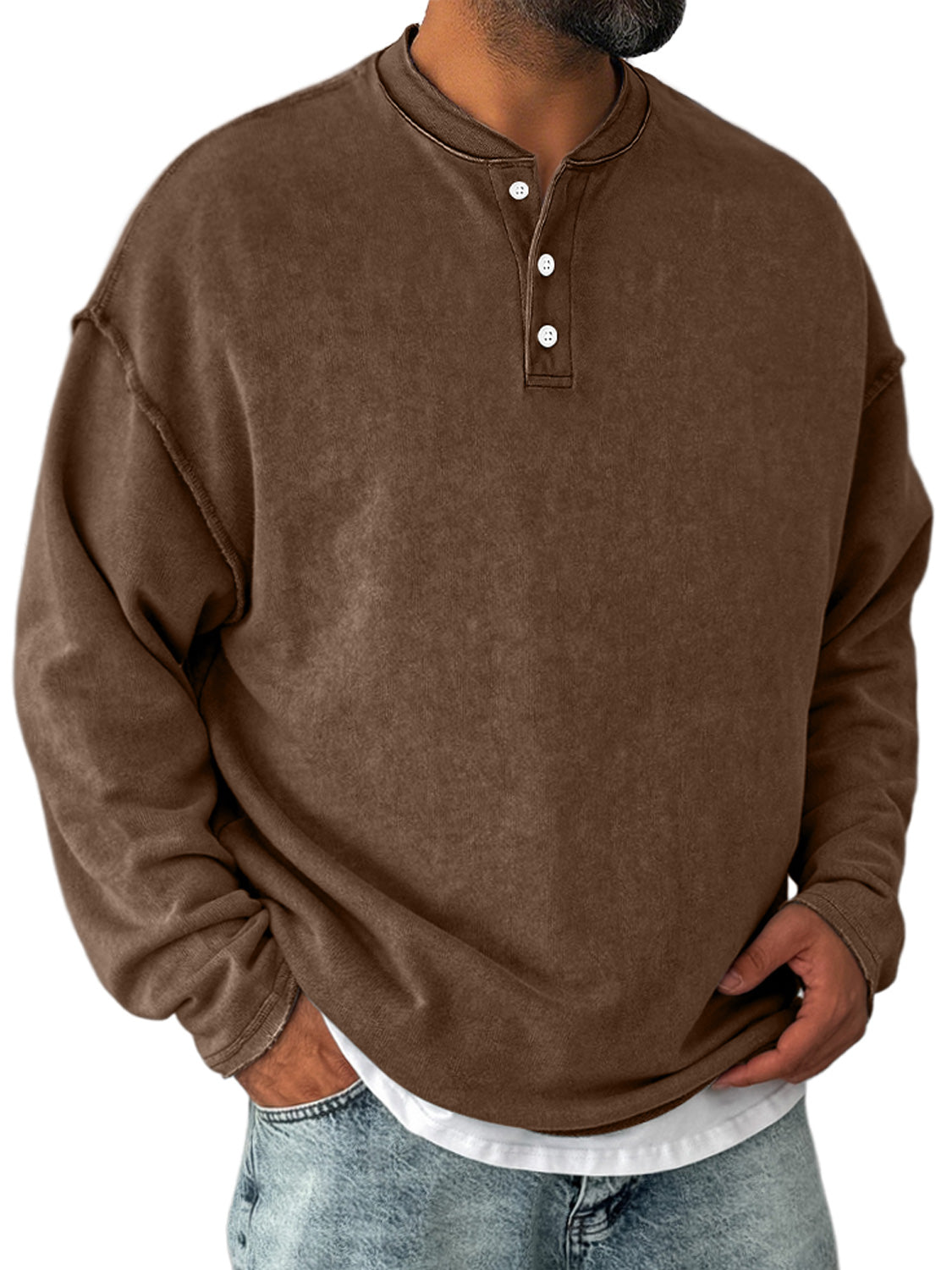 Men's Retro Casual Stand Collar Button-Down Long Sleeve Henley Shirt