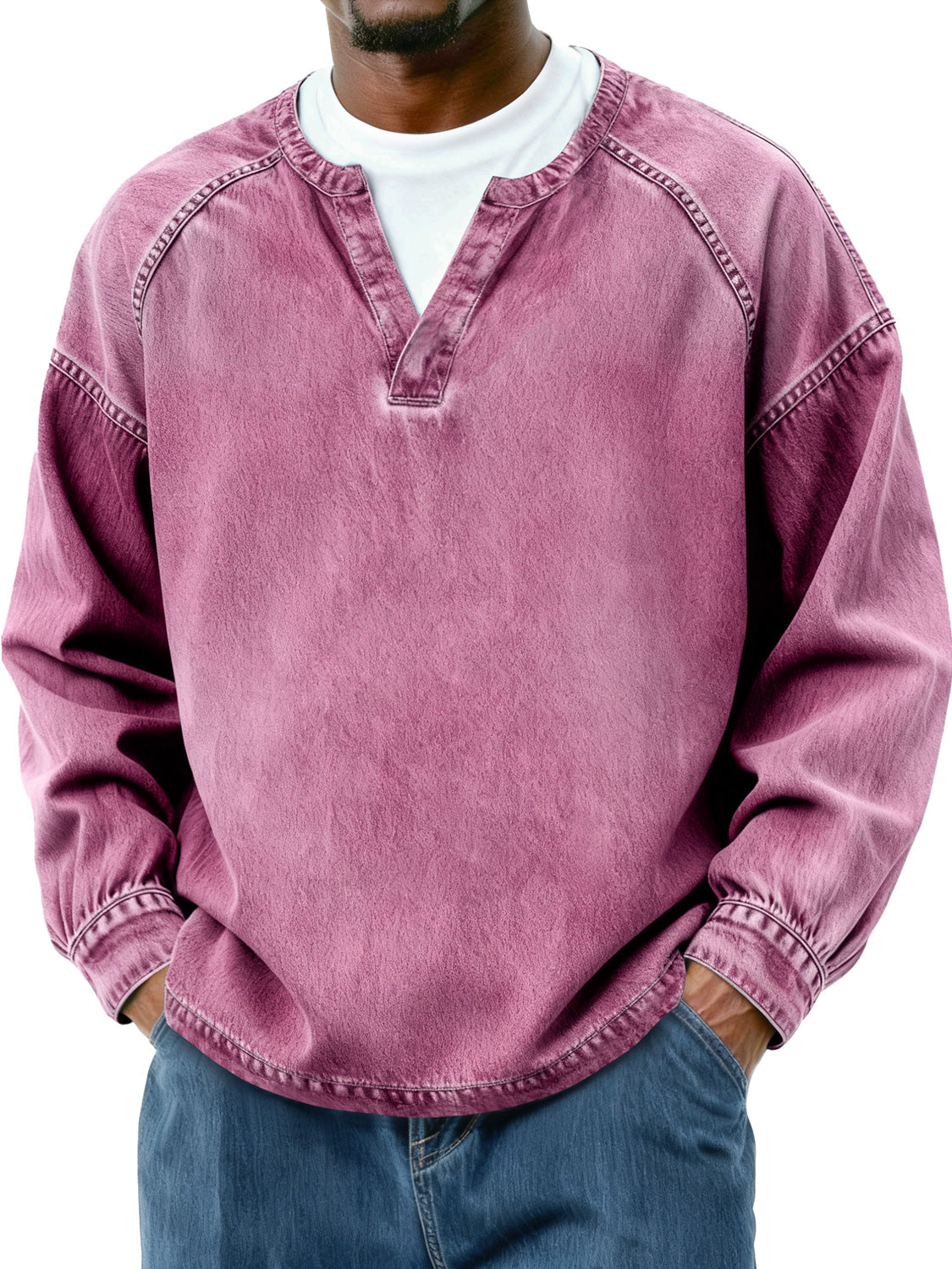 Men's Retro Faux Two-Piece Raglan Patchwork Casual Long-Sleeve T-Shirt