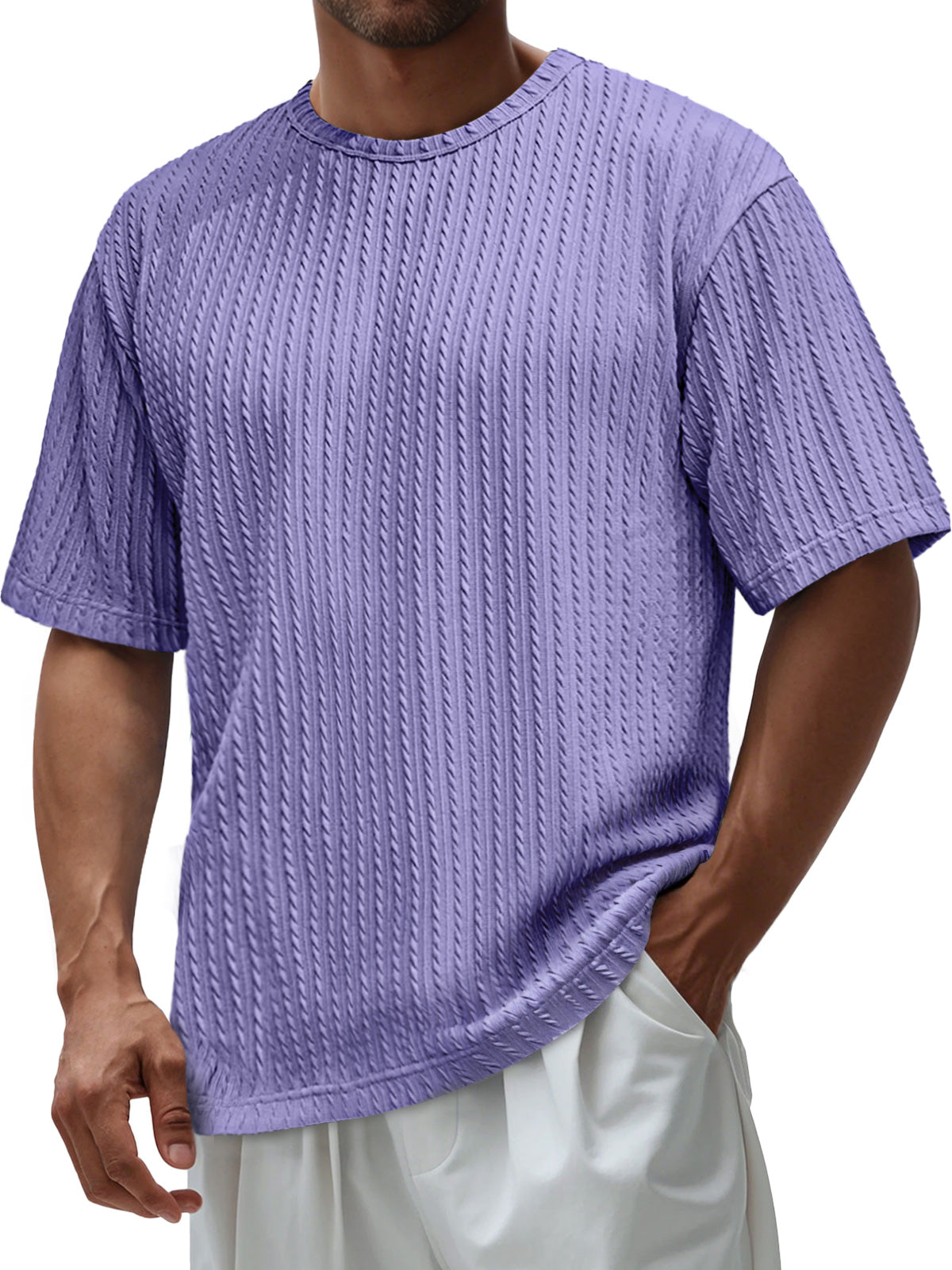 Men's Daily Round Neck Jacquard Texture Casual Solid Color Short-sleeved T-shirt