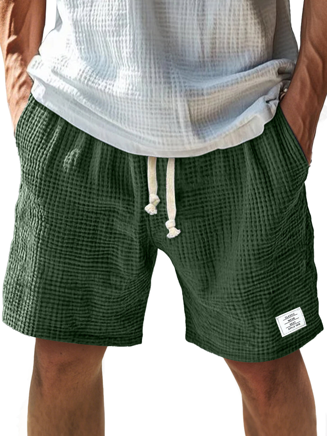Men's Everyday Texture Embroidered Logo Elastic Waist Drawstring Comfort Shorts