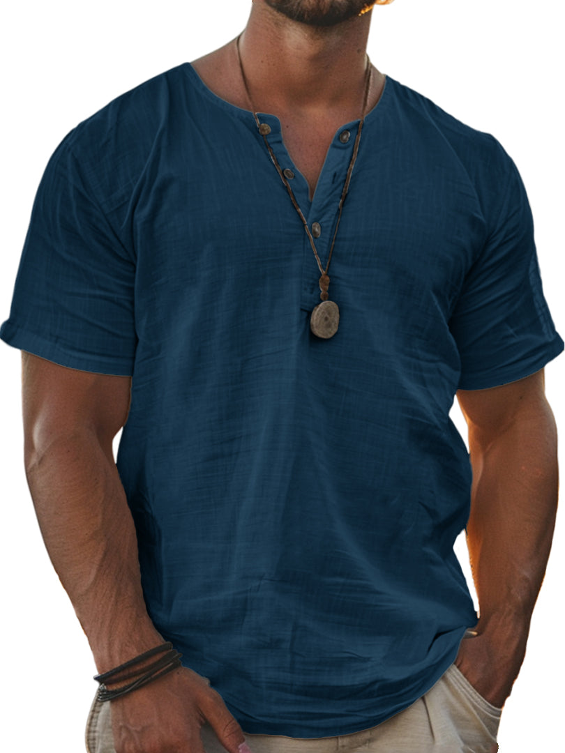Men's Basic Casual Comfort Button Down Short Sleeve Henley T-Shirt