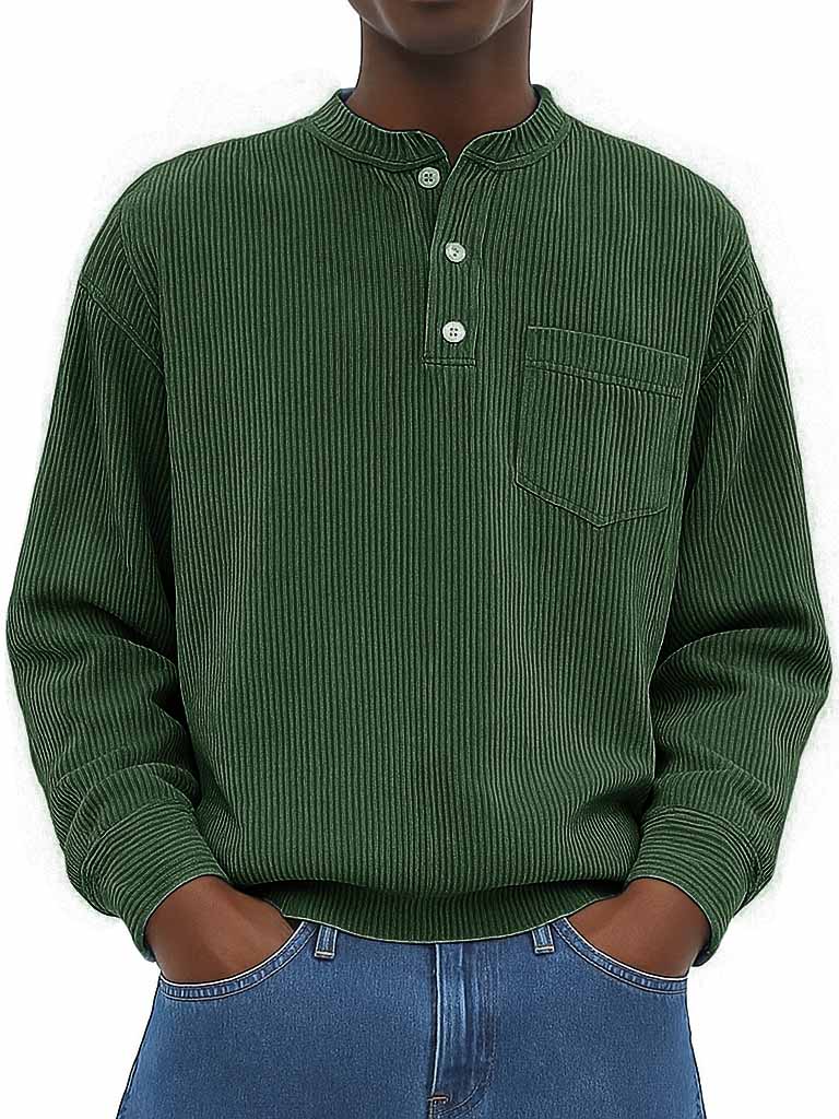 Men's Fashion Casual Ribbed Fabric Stand Collar Long Sleeve Henley Shirt
