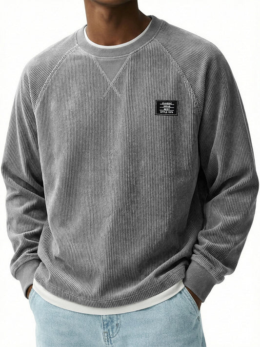 Corduroy Raglan Crew Neck Pullover Top with Stitched Embroidery Design