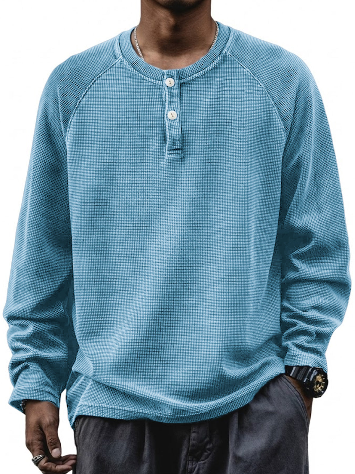 Men's Retro Waffle Raglan Loose Pullover Long Sleeve Henley Shirt