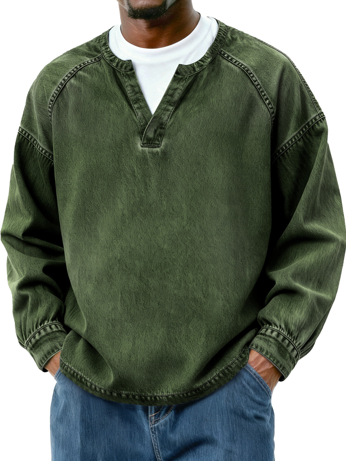 Men's Retro Faux Two-Piece Raglan Patchwork Casual Long-Sleeve T-Shirt