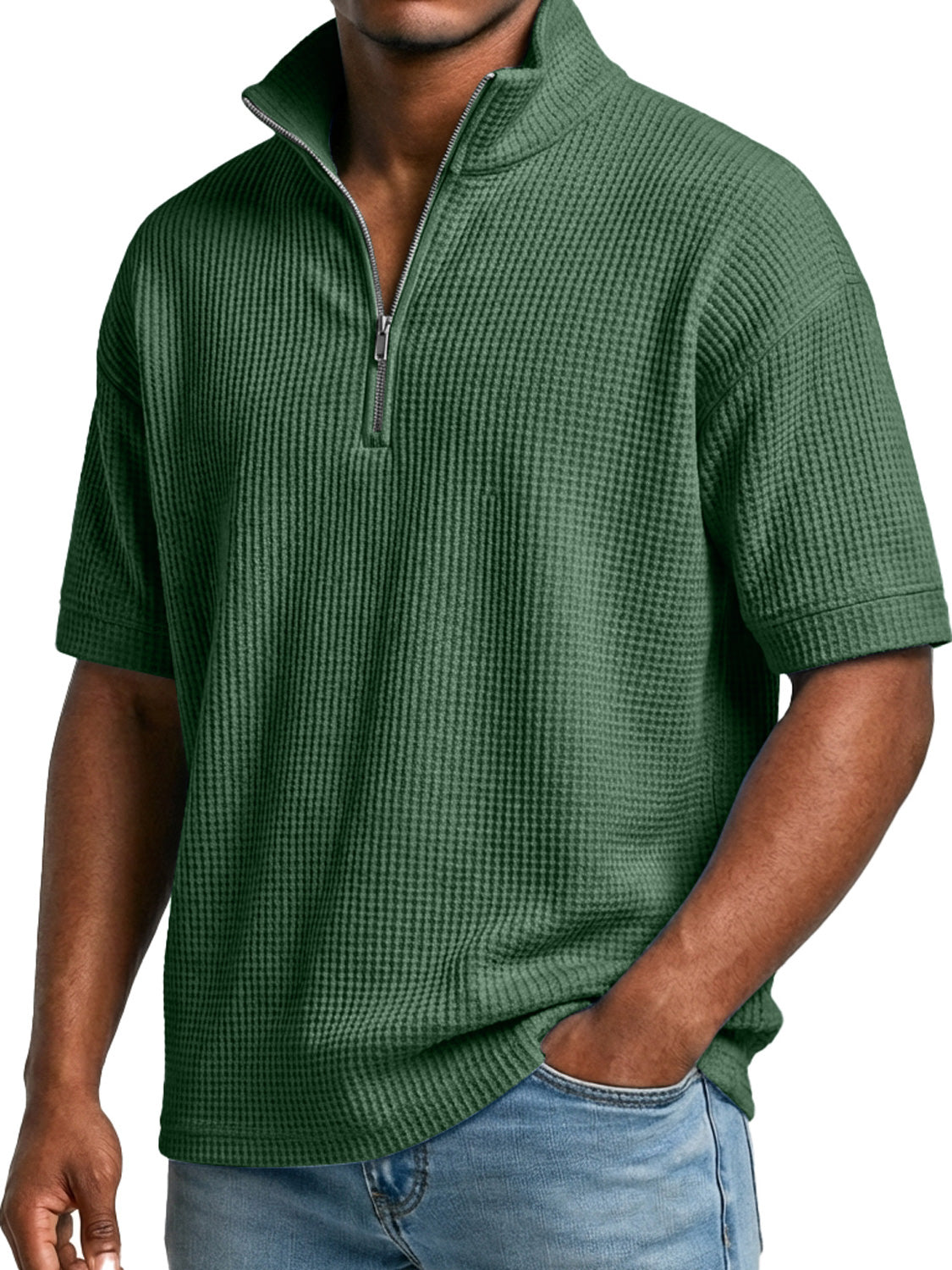 Men's Waffle-knit Simple Stand-collar Zip-up Casual Short-sleeved T-shir