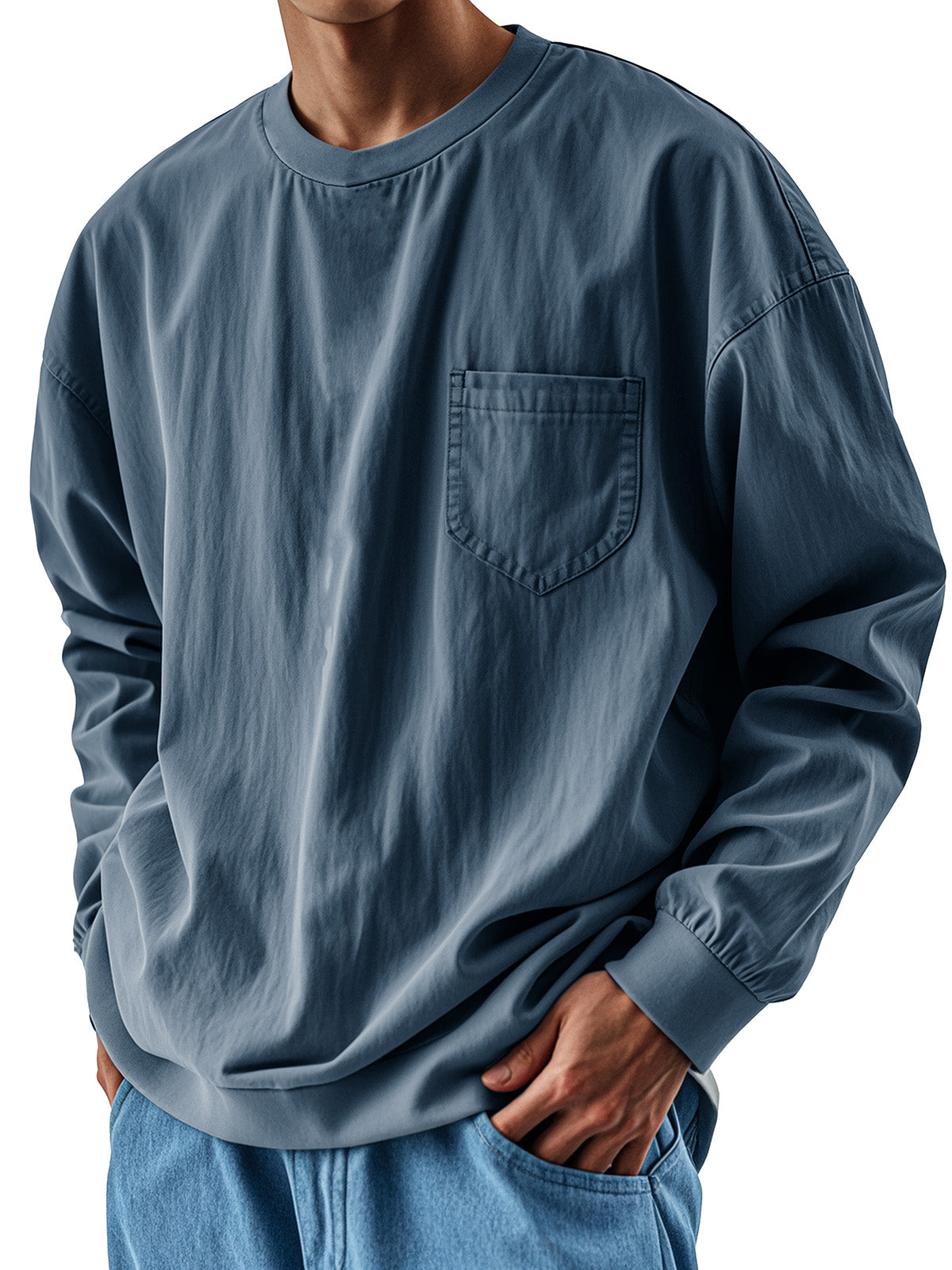 Men's Fashionable Round Neck Casual Pocket Long Sleeve Top
