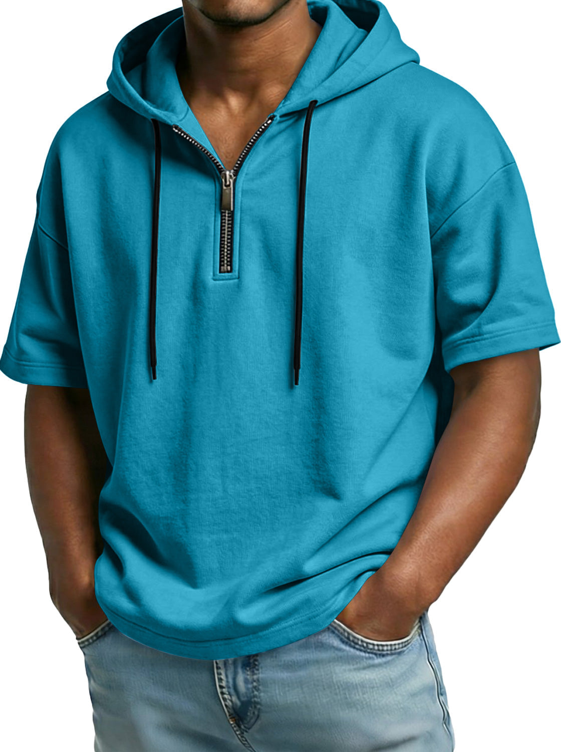 Men's Comfortable Hooded Zip-up Short-sleeved Casual Top