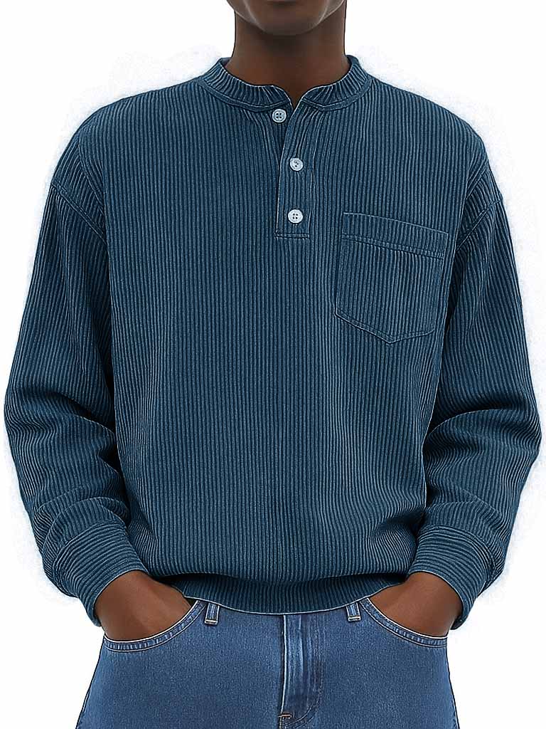 Men's Fashion Casual Ribbed Fabric Stand Collar Long Sleeve Henley Shirt