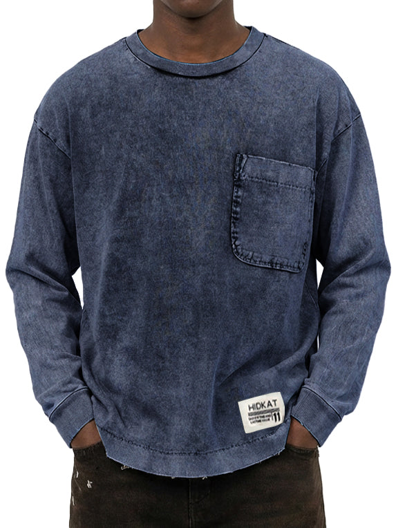 Men's Vintage Washed And Distressed Cotton Long Sleeved T-shirt