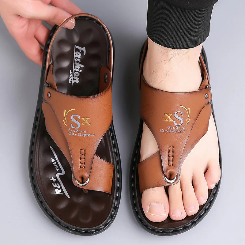 Men’s Orthopedic Leather Flip Flops – Non-Slip Comfort Sandals with Adjustable Back Strap