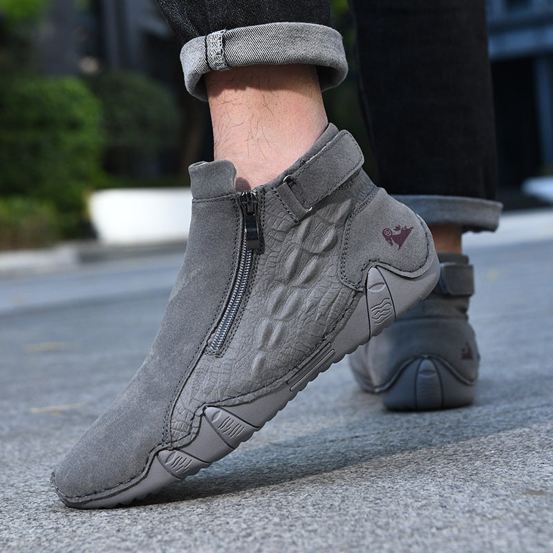 Men’s Genuine Leather Zipper Boots – Casual Slip-On High-Top Boots