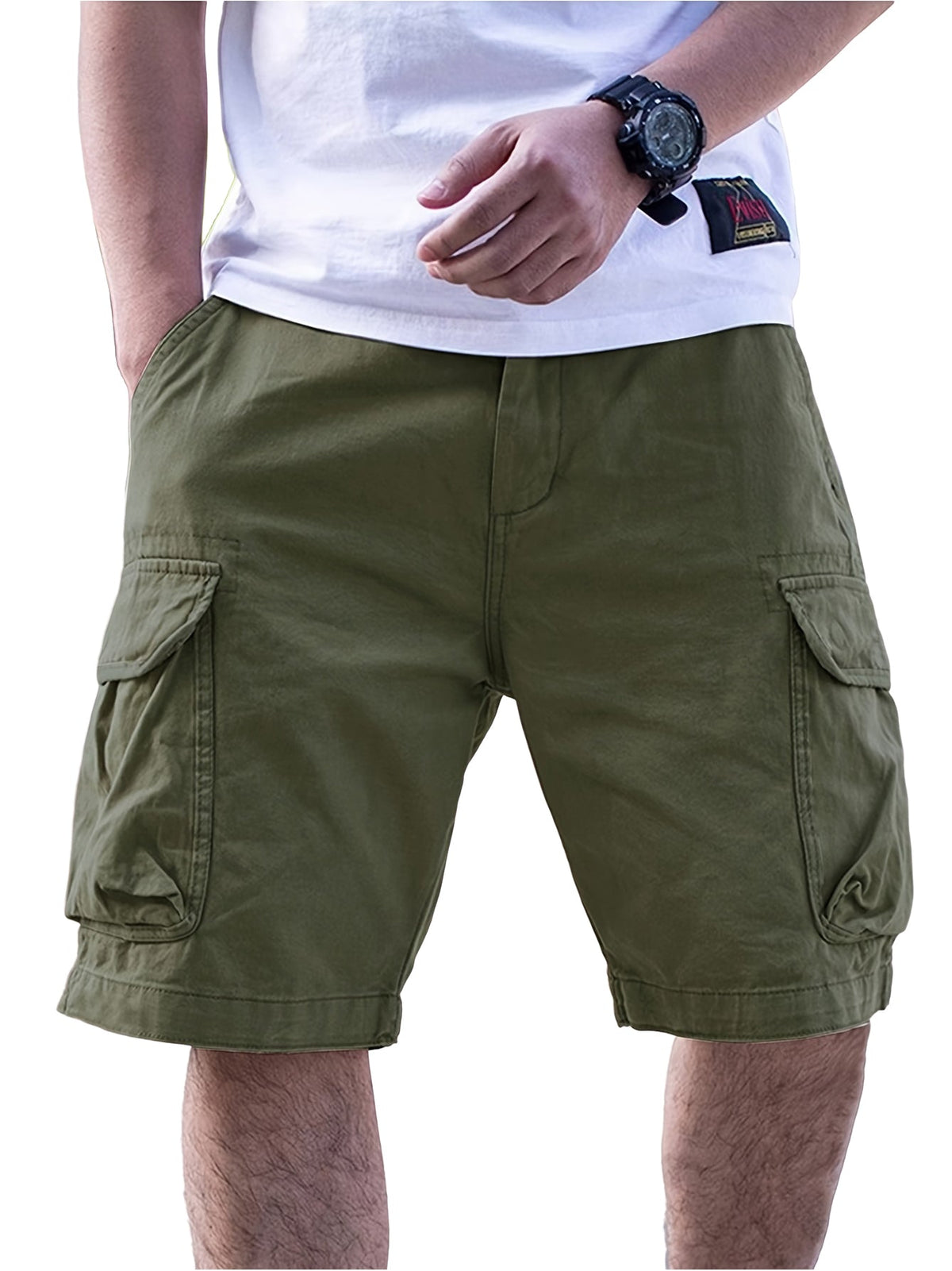 Men's Casual Loose-Fit Cargo Shorts with Multiple Pockets Solid Color Mid-Rise Elastic Waist Drawstring