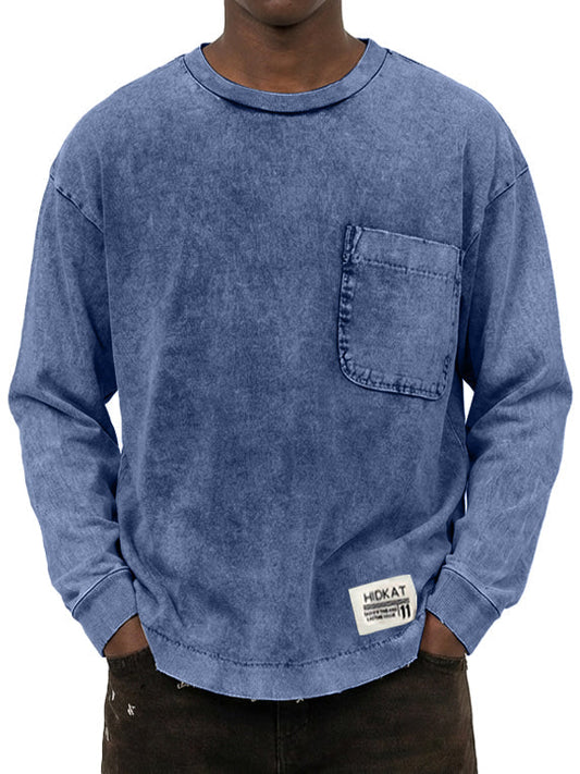 Men's Vintage Washed And Distressed Cotton Long Sleeved T-shirt