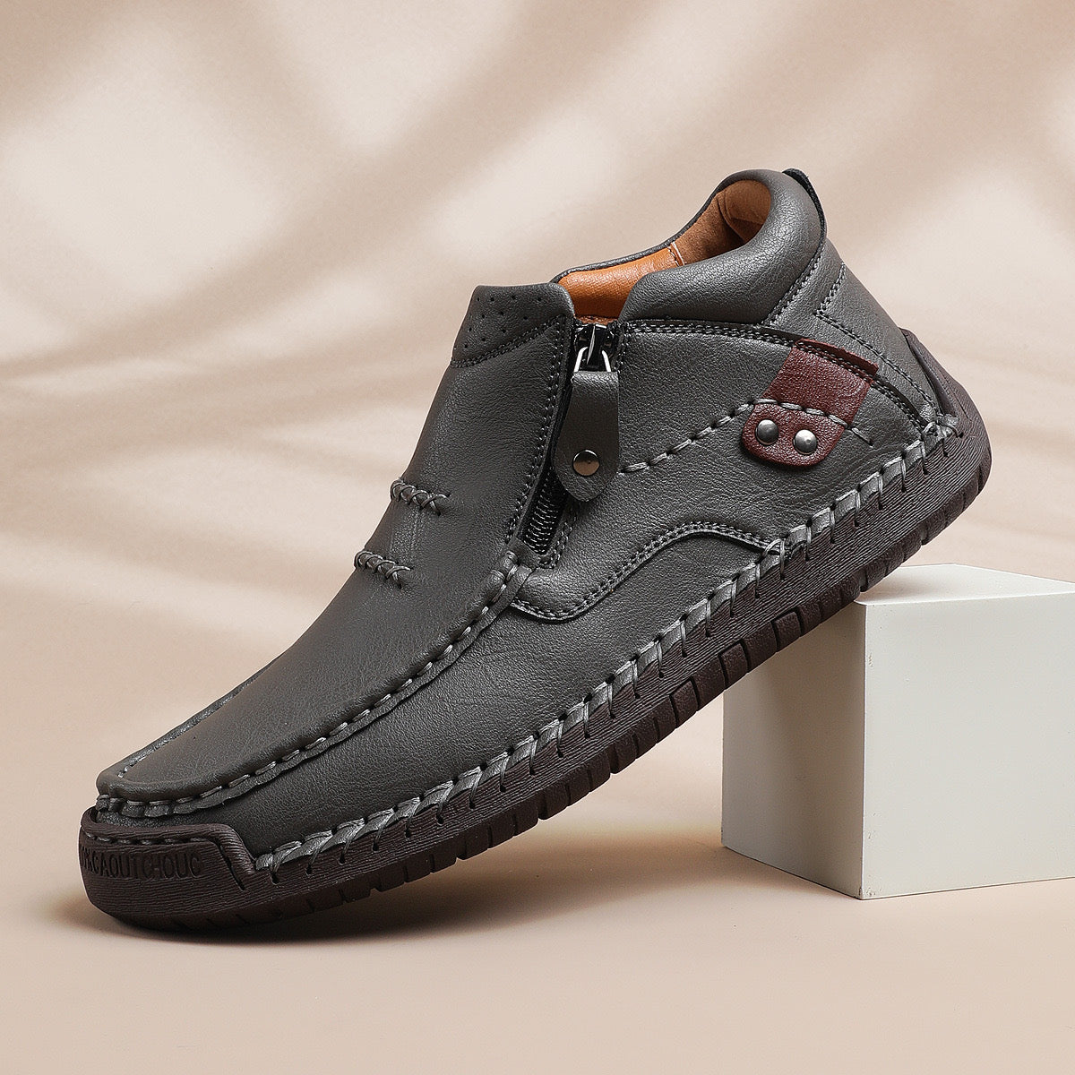 Men's Handmade Leather Boots with Arch Support & Wide Toe Box | Easy Zip Design